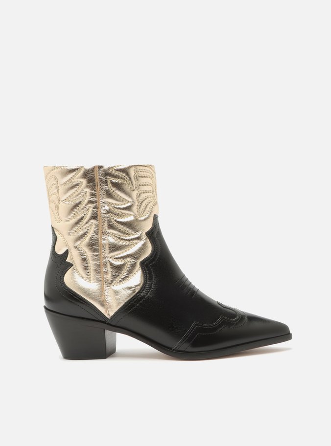 Bota Preta Couro Cano Curto Western Dourada