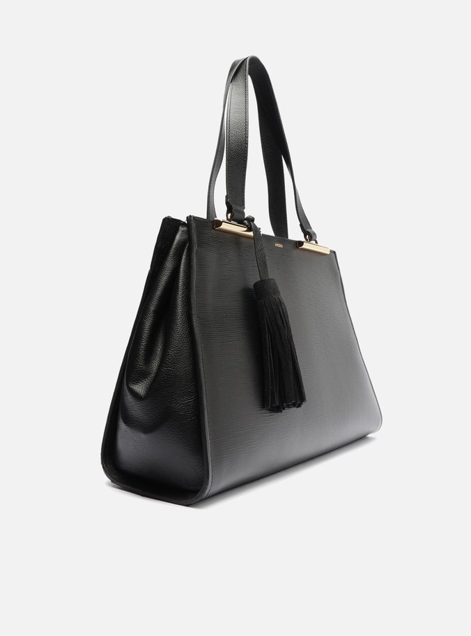 Bolsa Shopping Preta Couro Grande Metal Barbicacho