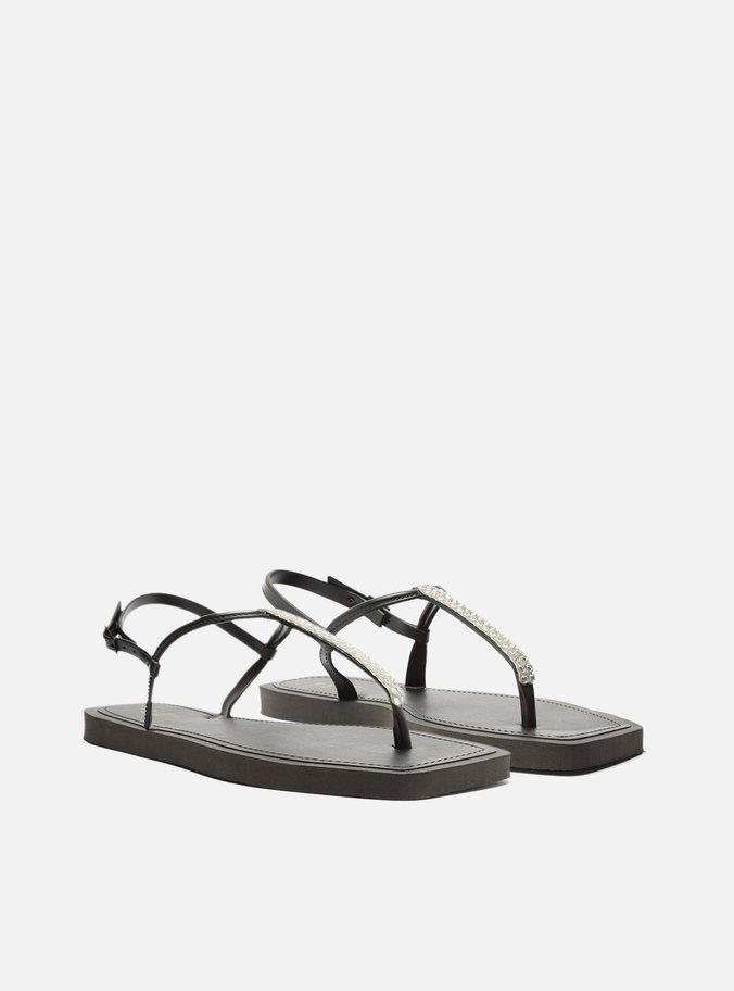 Sandália Rasteira Preta Slim Strass Square Brizza
