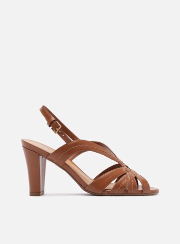Sandália Marrom Couro Salto Médio Tiras Fivela