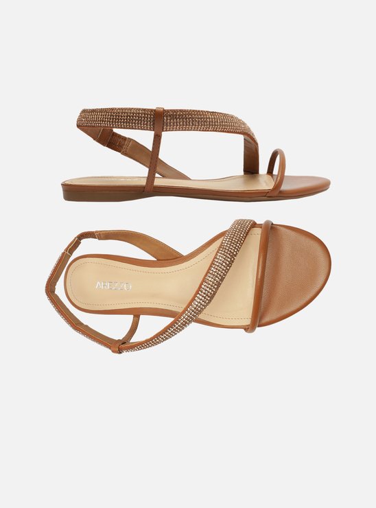 Rasteira Marrom Tira Lateral Curva Strass