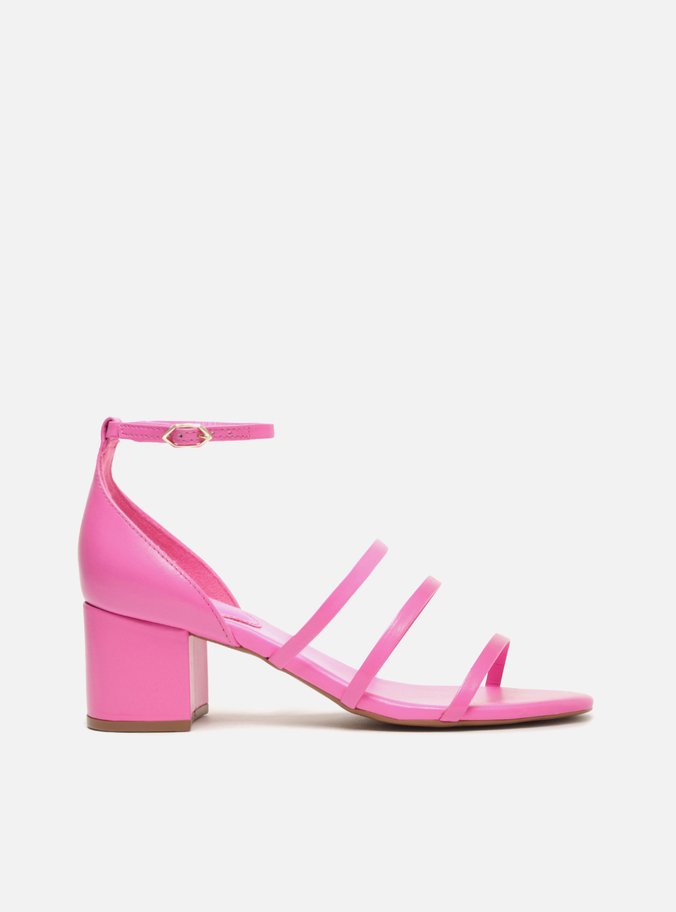 Sandália Rosa Pink Couro Salto Bloco Tiras Finas
