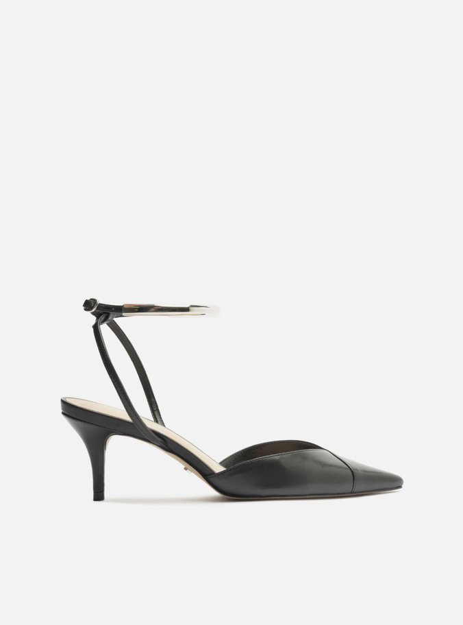 Scarpin Preto Couro Salto Kitten Tira Metal