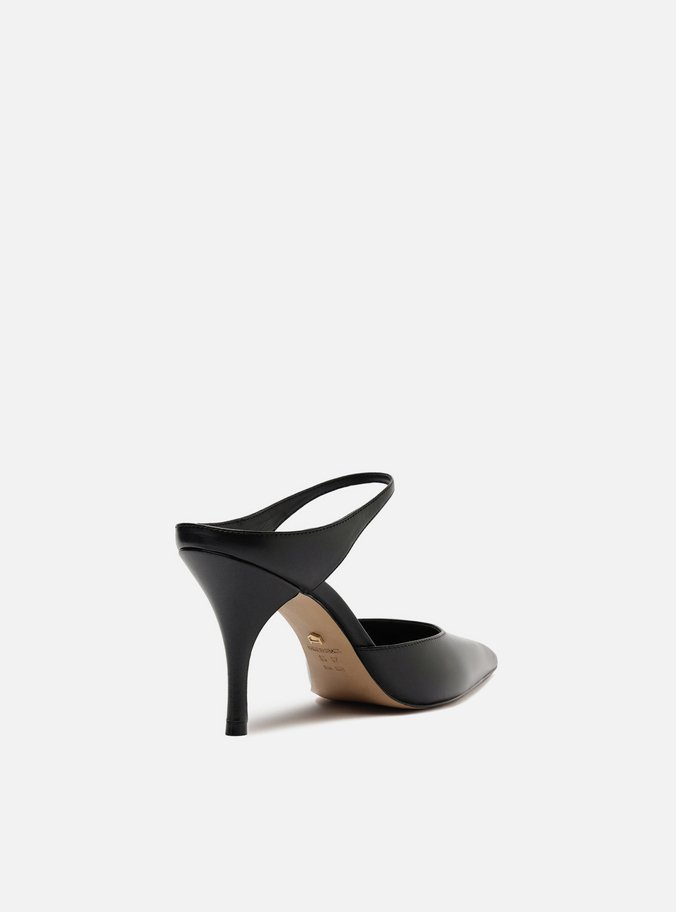Mule Preta Couro Salto Fino Tira