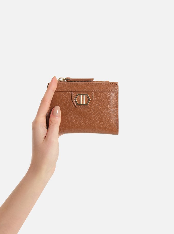 Carteira Caramelo Couro Pequena Zíper Metal