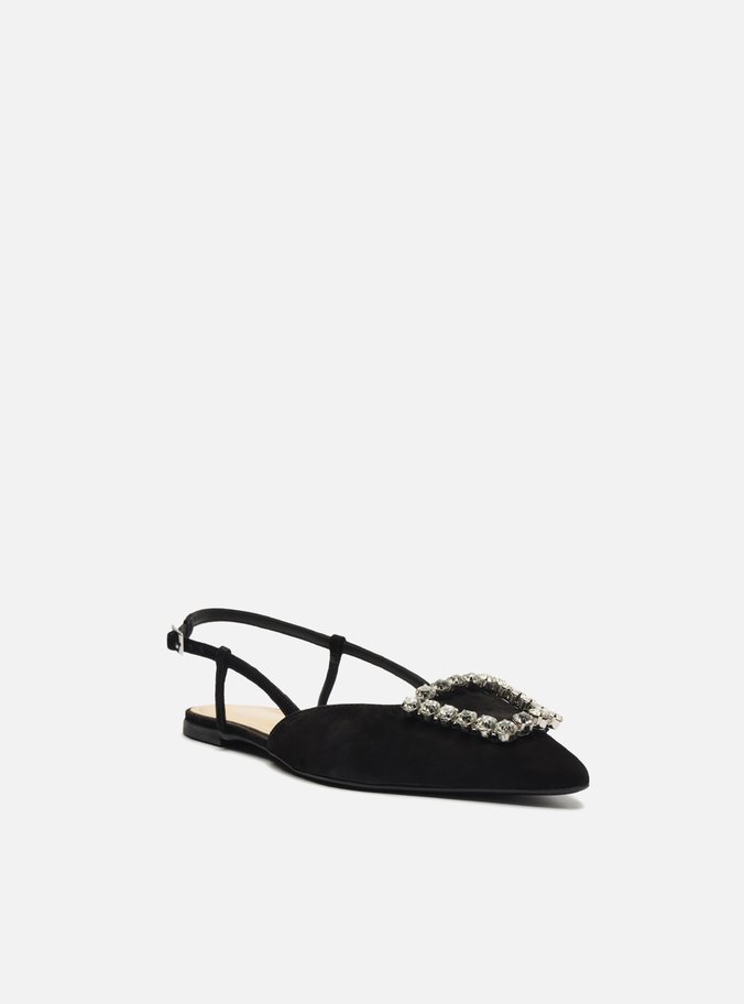 Sapatilha Preta Nobuck Bico Fino Slingback Pedraria