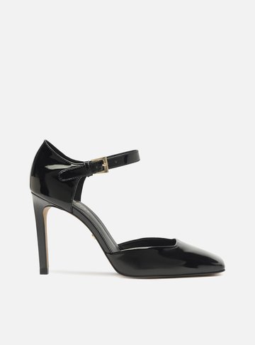 Scarpin Preto Verniz Salto Alto Bico Quadrado