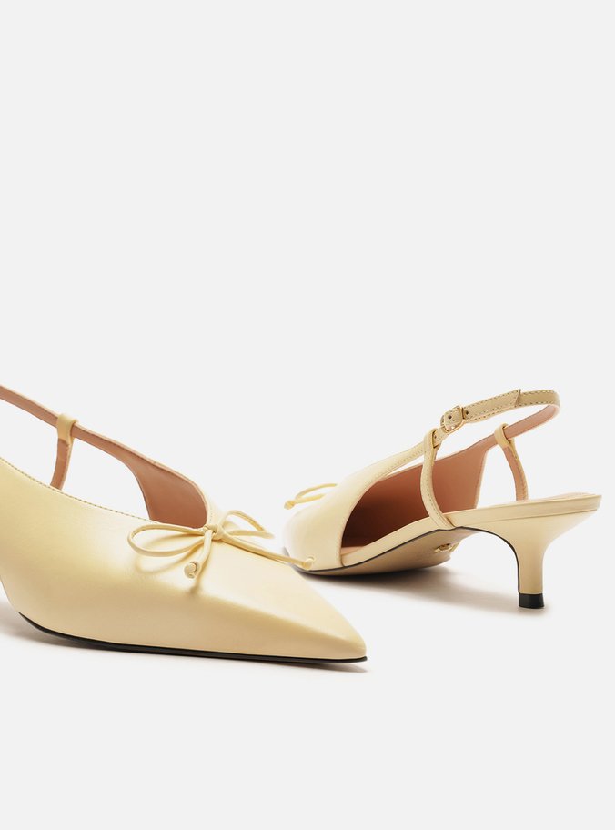 Scarpin Amarelo Couro Bico Fino Slingback Laço