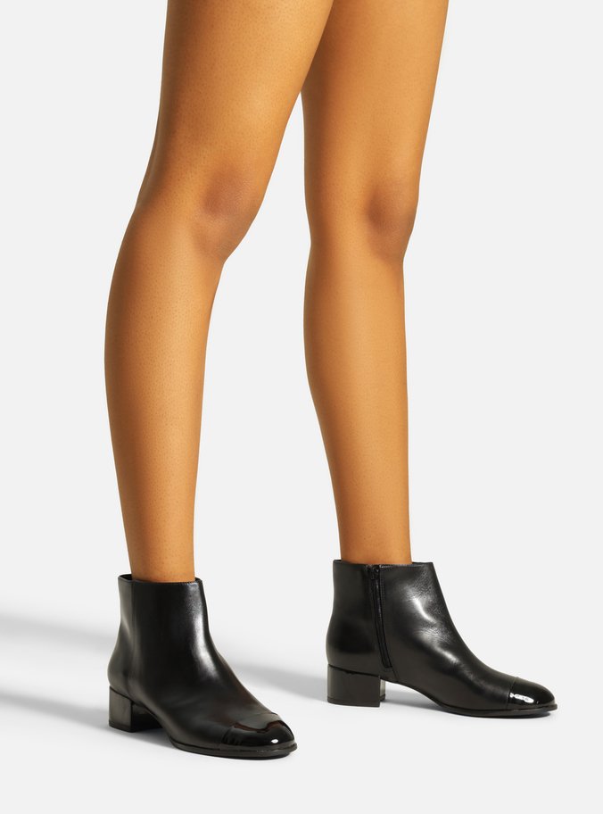 Bota Preta Couro Cano Curto Bloco Cap Toe