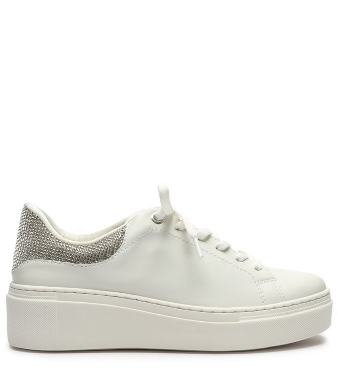 Tênis Branco de Couro Casual com Malha Strass
