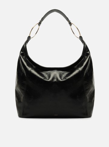 Bolsa Hobo Preta Couro Grande Argolas Alça