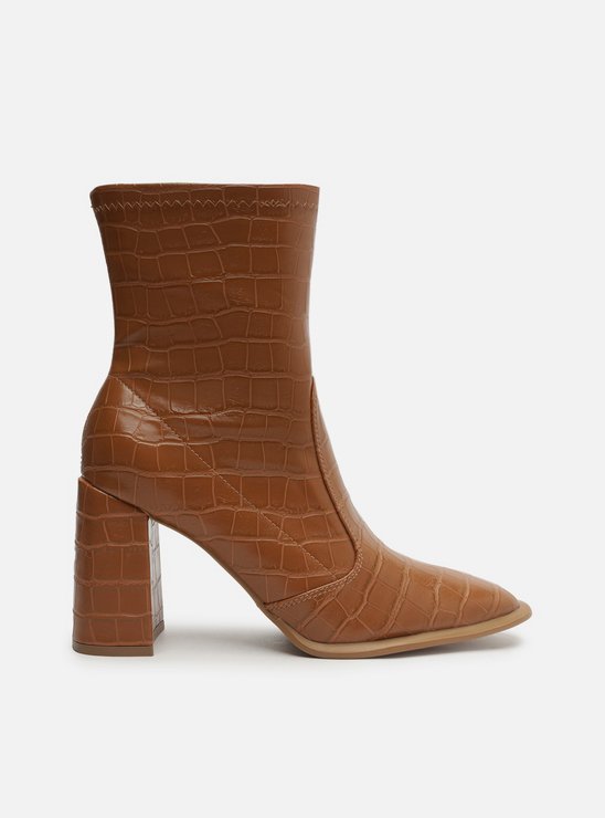 Bota Marrom Croco Cano Médio Salto Bloco