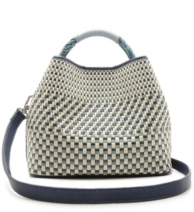 Bolsa Bucket Couro Flávia Média Soft Blue e Navy Blue