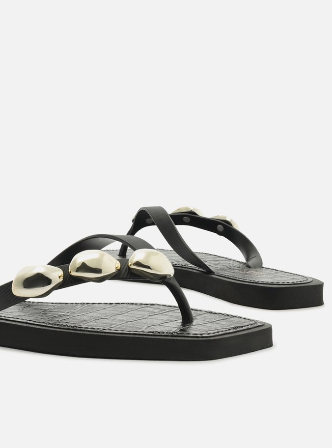 Chinelo de Dedo Preto Croco Square Metais