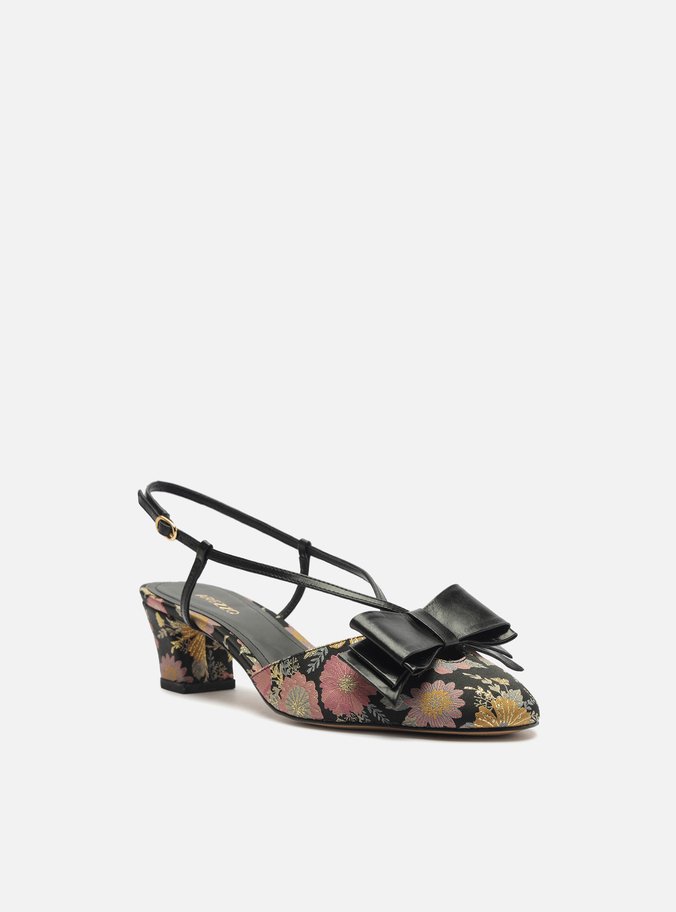 Scarpin Preto Estampa Salto Baixo Slingback Laço
