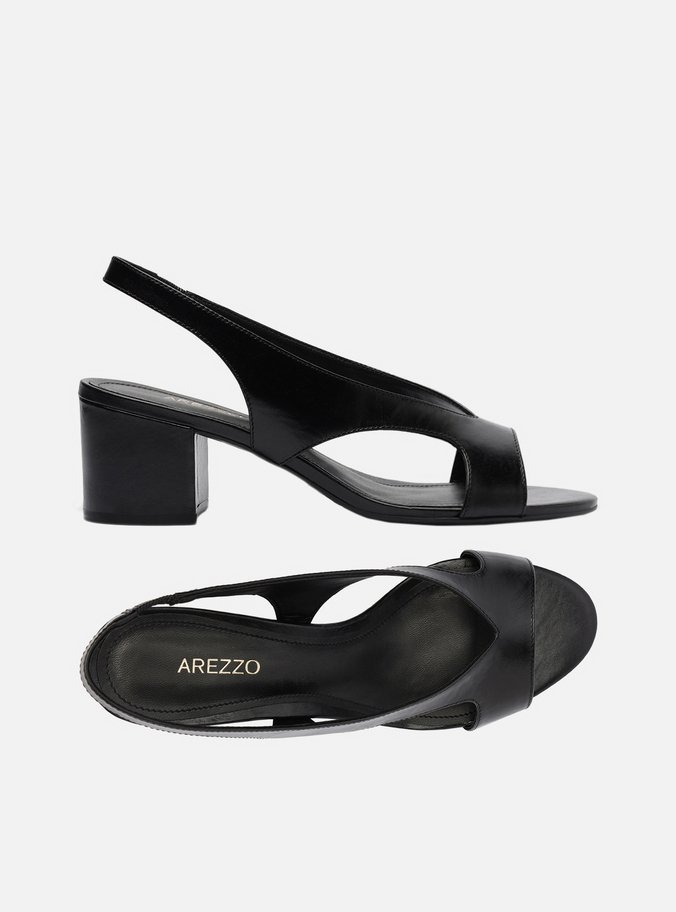 Sandália Preta Couro Bloco Tira Larga Slingback