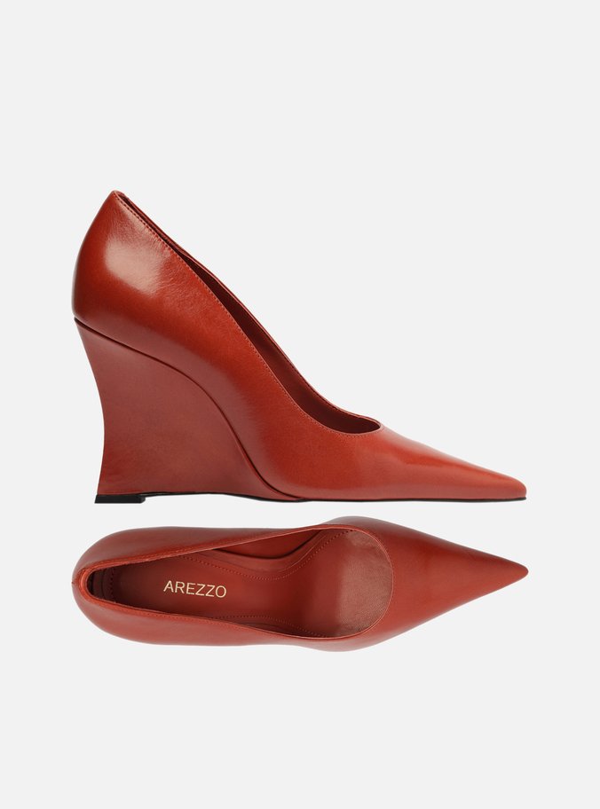 Scarpin Laranja Couro Salto Anabela Bico Fino