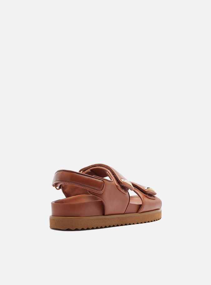 Sandália Papete Marrom Couro Tiras Velcro