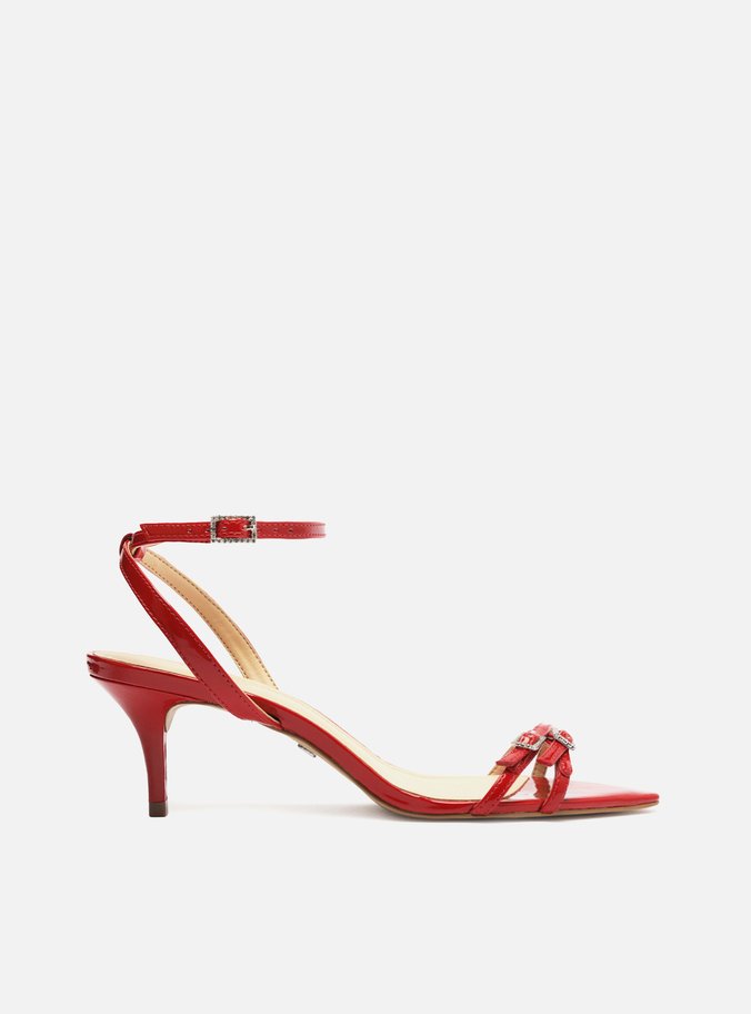 Sandália Vermelha Verniz Salto Baixo Fino Fivelas