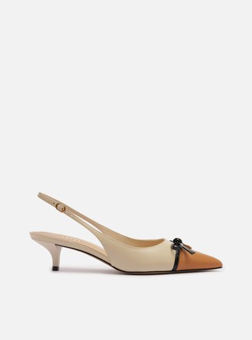 Scarpin Branco Couro Salto Baixo Slingback Laço