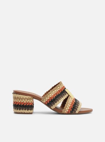 Mule Colorida Salto Médio Tramada Metal Dourado