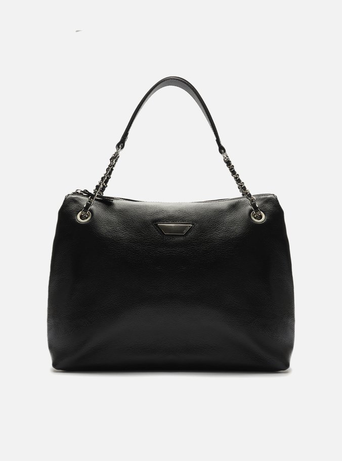 Bolsa Shopping Preta Couro Grande Metal