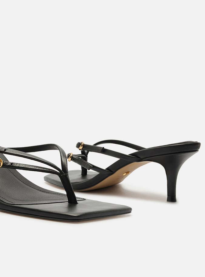 Tamanco Preta Couro Bico Quadrado Flip Flop