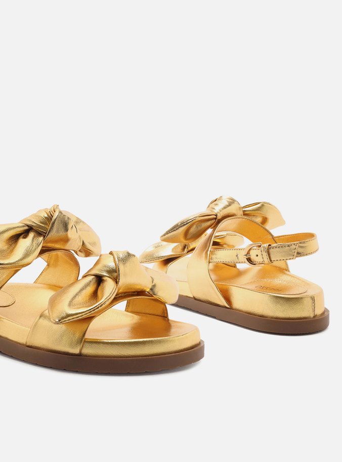 Sandália Rasteira Dourada Couro Flatform Laços