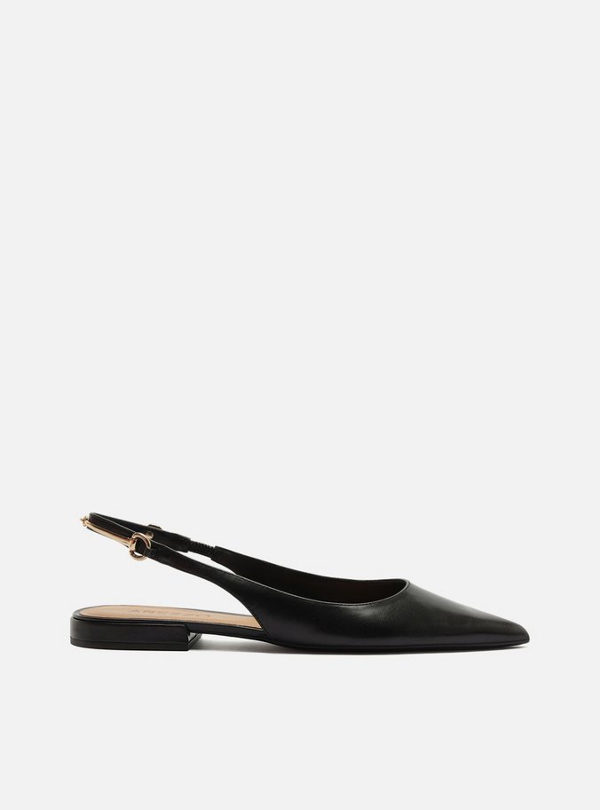 Sapatilha Preta Couro Bico Fino Slingback Metais