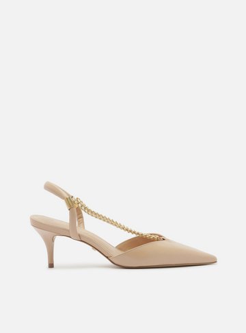 Scarpin Bege Couro Salto Baixo Corrente Esther