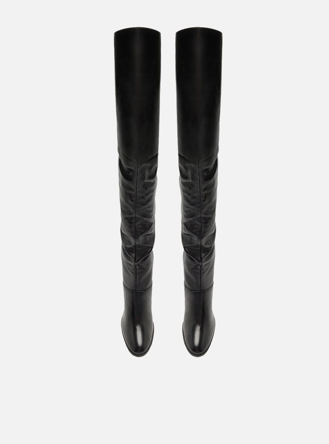 Bota Over The Knee Preta Couro Salto Alto