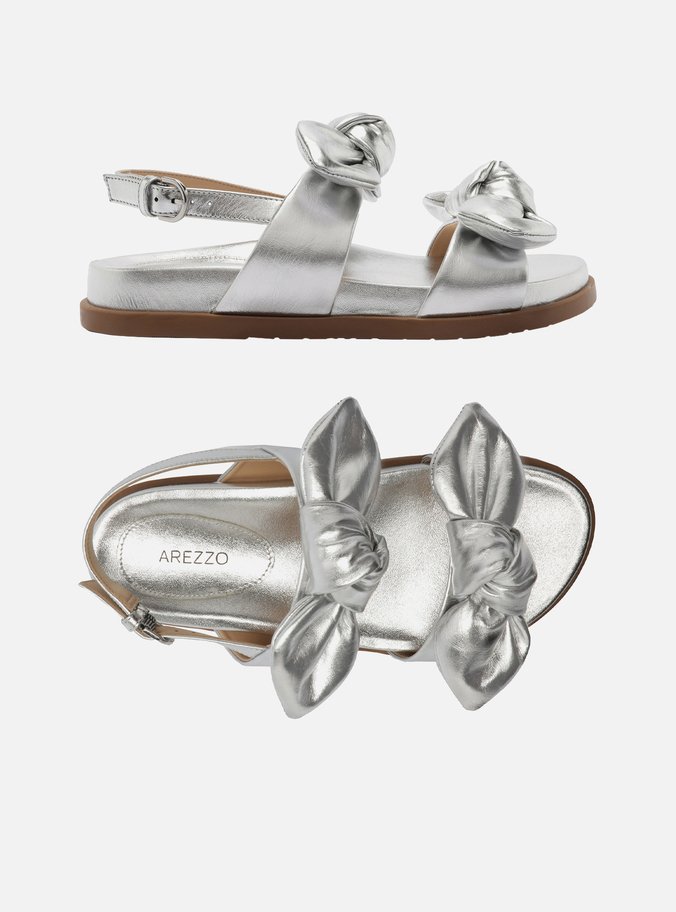 Sandália Rasteira Prata Couro Flatform Laços