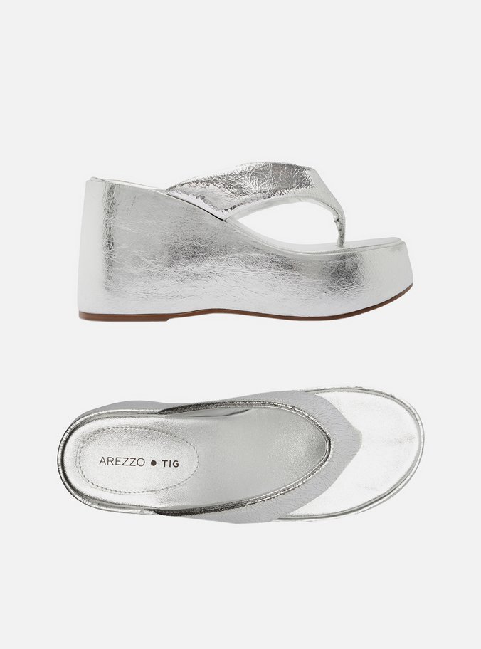 Sandália Prata Couro Plataforma Flip Flop TIG