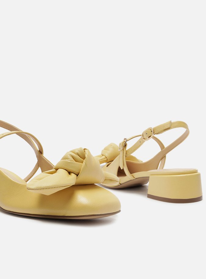 Sapato Boneca Amarelo Couro Salto Bloco Laço