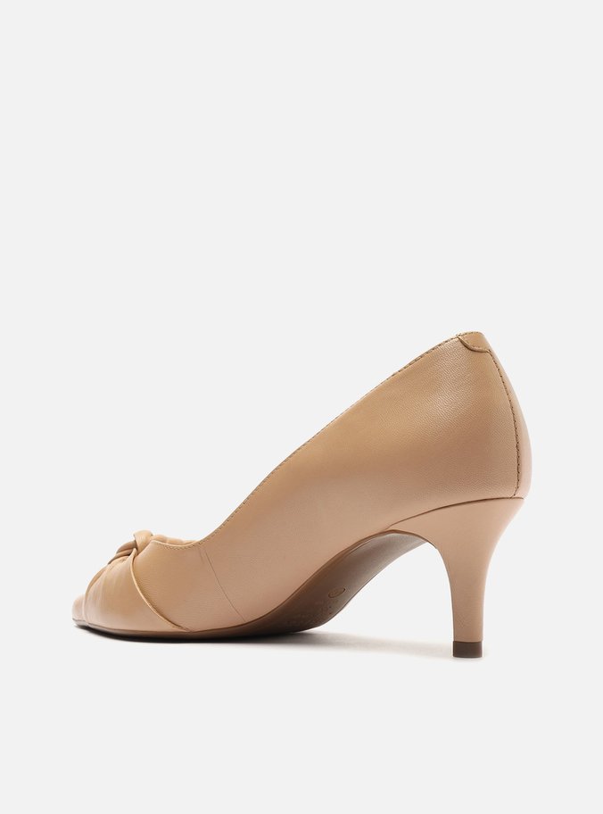 Scarpin Bege Couro Salto Fino Laço Maxi