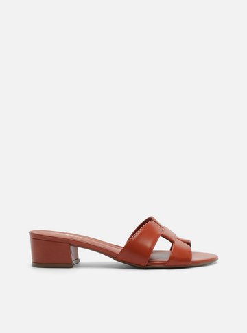 Tamanco Laranja Couro Salto Bloco Tira Vazada