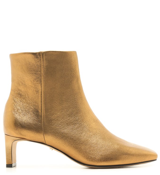 Bota Couro Salto Baixo Bloco Bico Quadrado Toast Gold