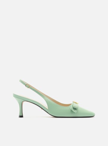 Scarpin Verde Couro Bico Quadrado Slingback Laço