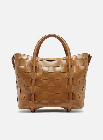 Bolsa Tote Marrom Couro Grande Tressê Geométrico