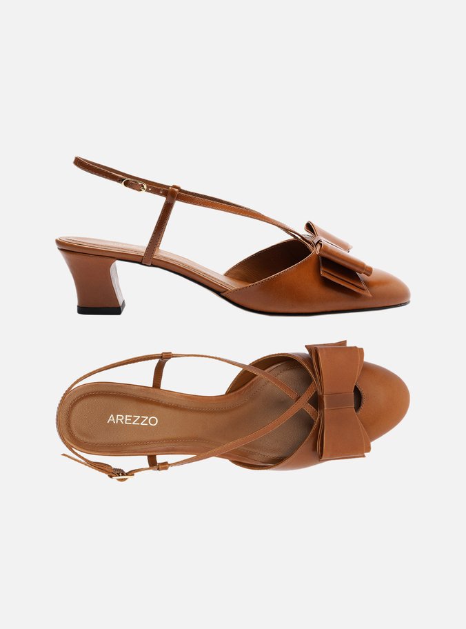 Scarpin Marrom Couro Salto Baixo Slingback Laço