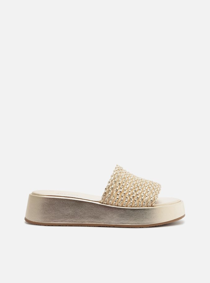 Tamanco Dourado Flatform Tira Única Trama