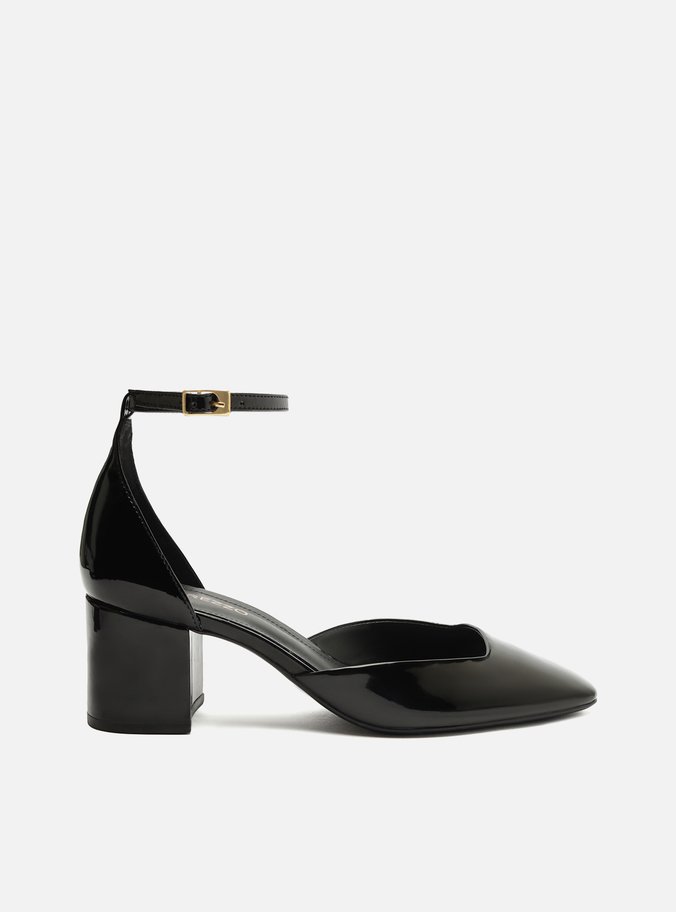 Scarpin Preto Verniz Salto Bloco Bico Quadrado