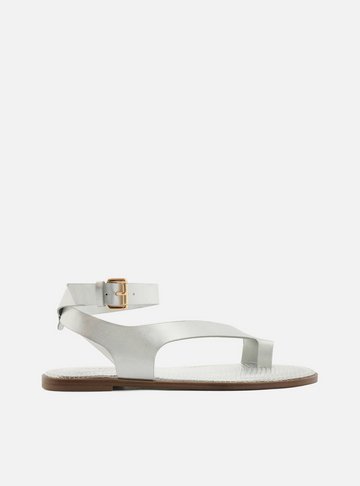 Sandália Rasteira Prata Couro Tira Dedeira