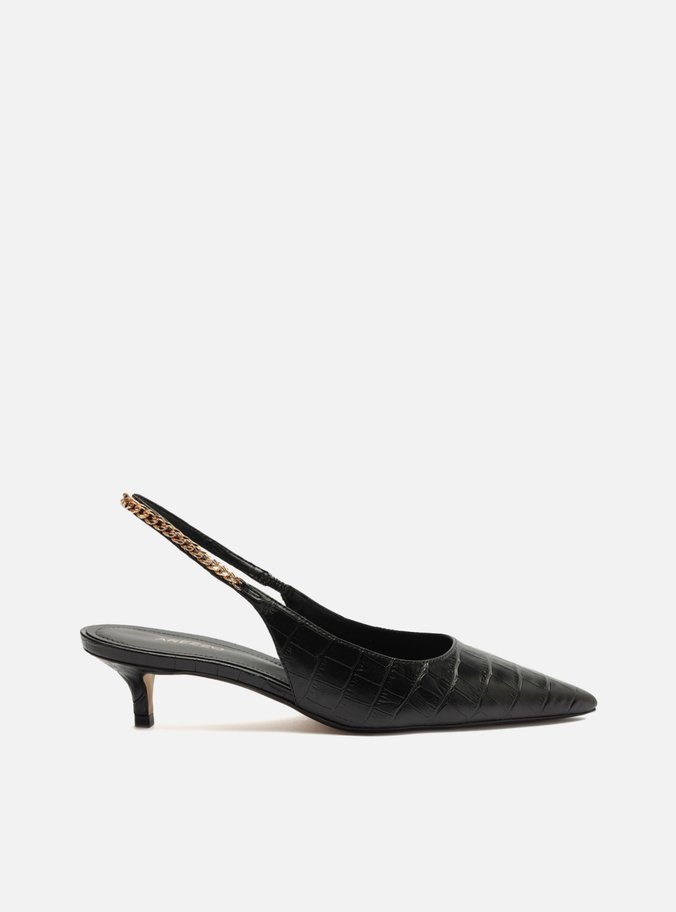 Scarpin Preto Croco Salto Baixo Slingback