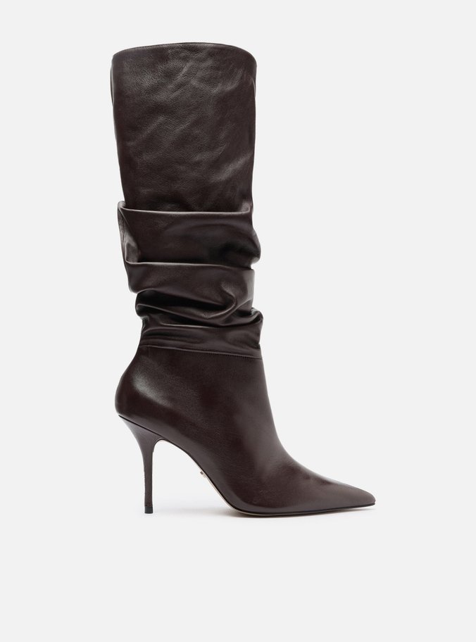 Bota Marrom Couro Cano Longo Salto Alto Slouch