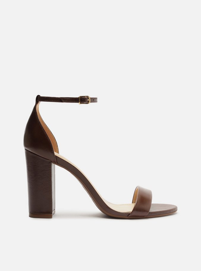 Sandália Marrom Couro Salto Alto Bloco Isabelli