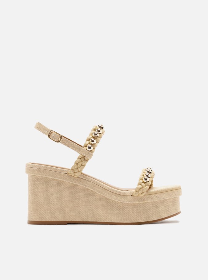 Sandália Bege Ráfia Plataforma Trançada Esferas