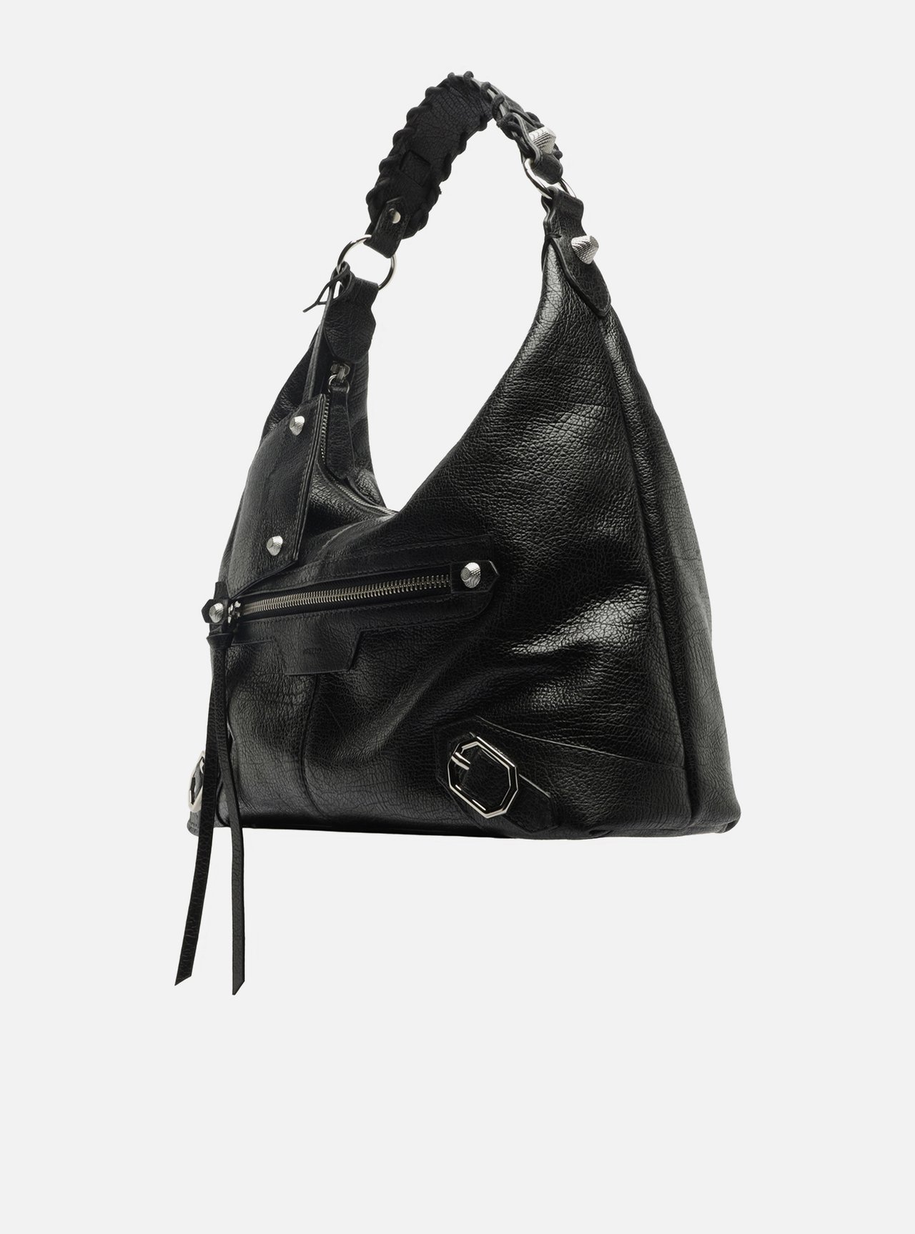 Bolsa Hobo Preta Couro Média Alça Tressê — foto 2