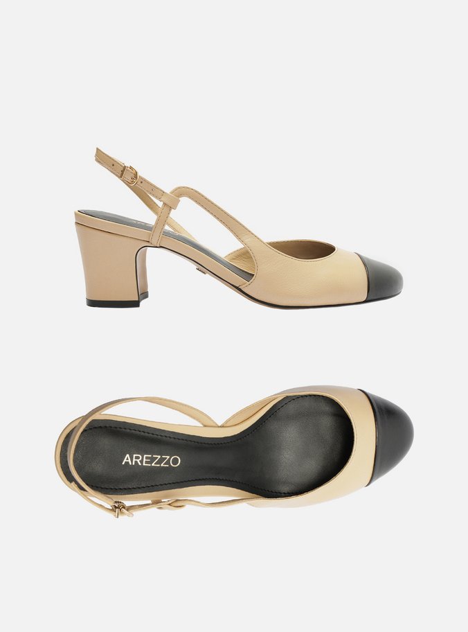 Scarpin Nude Couro Bico Redondo Cap Toe Preto