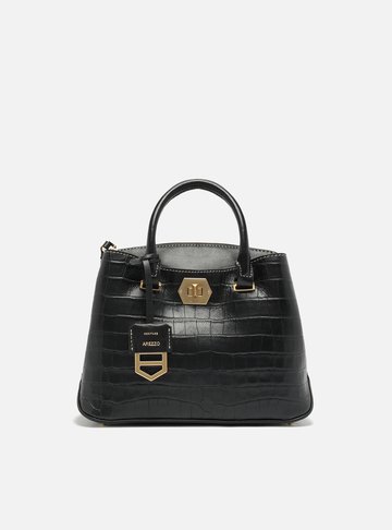 Bolsa Tote Preta Couro Média Croco Charm